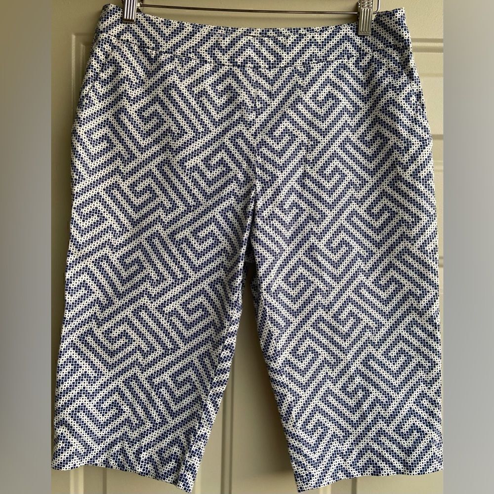 Tommy Bahama Geometric Side Zip Cotton Blue/White Capri Pants Women's Size 10.